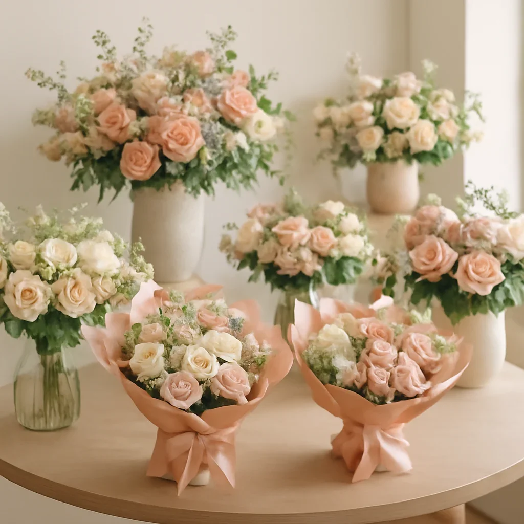 Mixed floral arrangements and wrapped bouquets displayed in a boutique flower shop