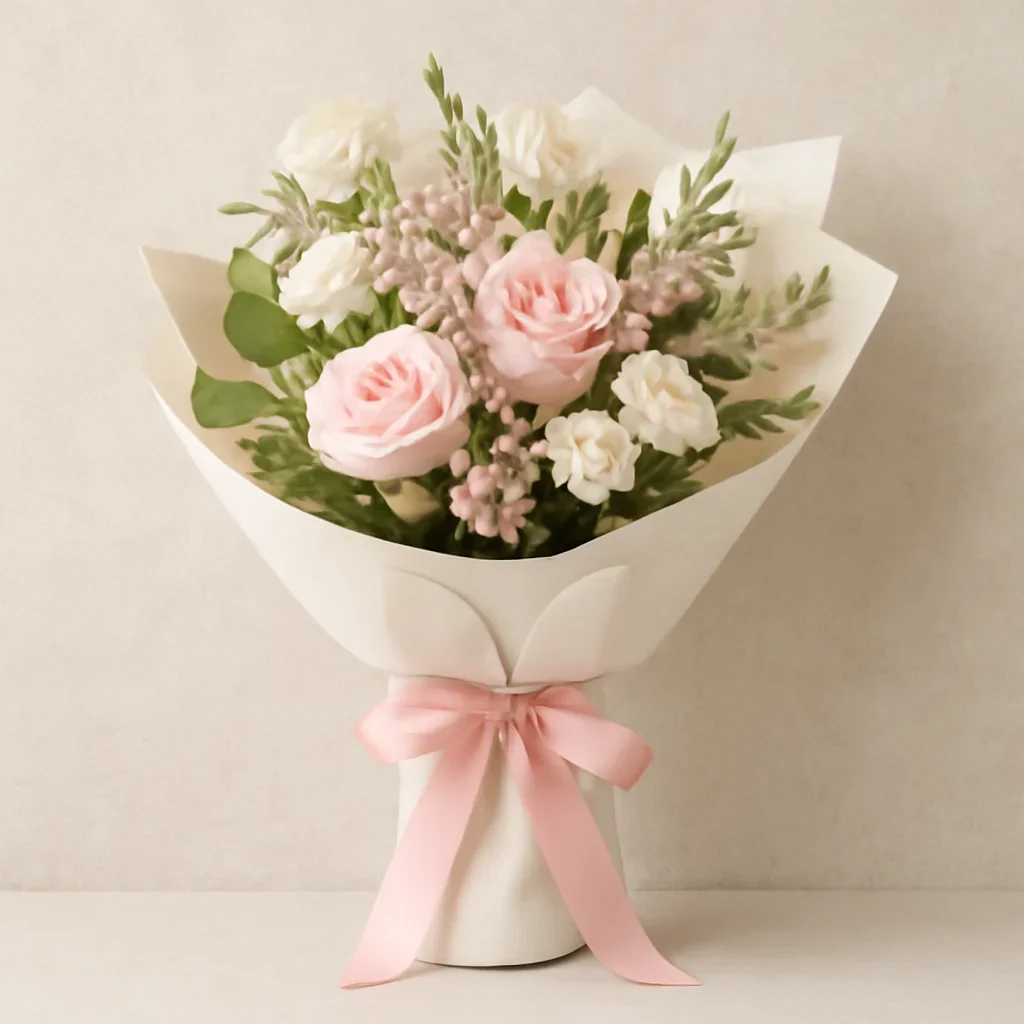 Fresh bouquet wrapped for gifting with soft pink ribbon