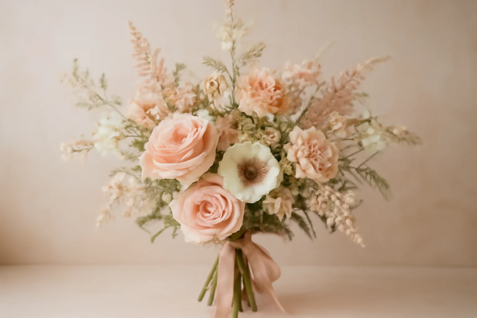 Handcrafted seasonal bouquet styled in a soft blush floral studio