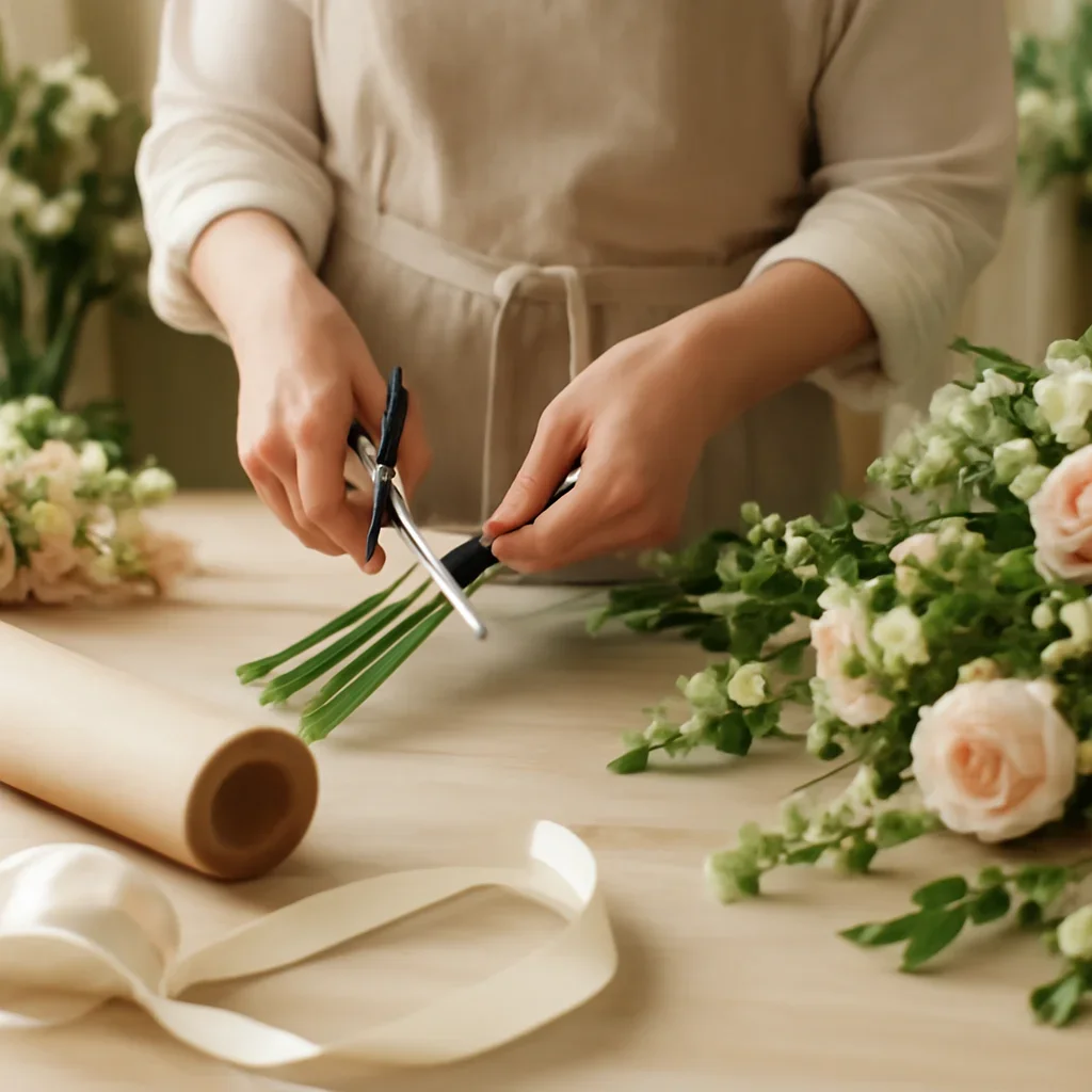 Florist hands preparing stems and ribbon at a bright worktable